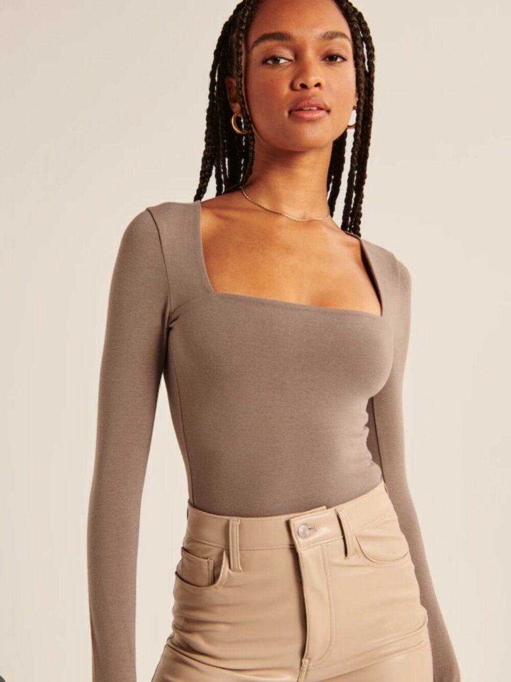 Abercrombie & Fitch long sleeve cotton seamless squareneck body suit chocolate L